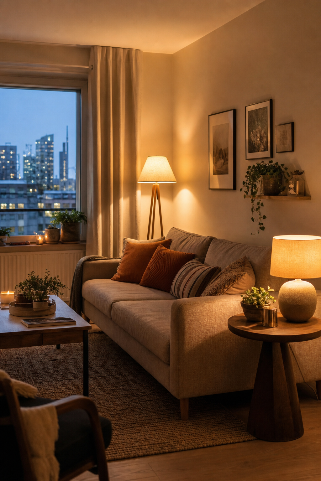 Warm apartment aesthetic idea with create a glow with several small lamps