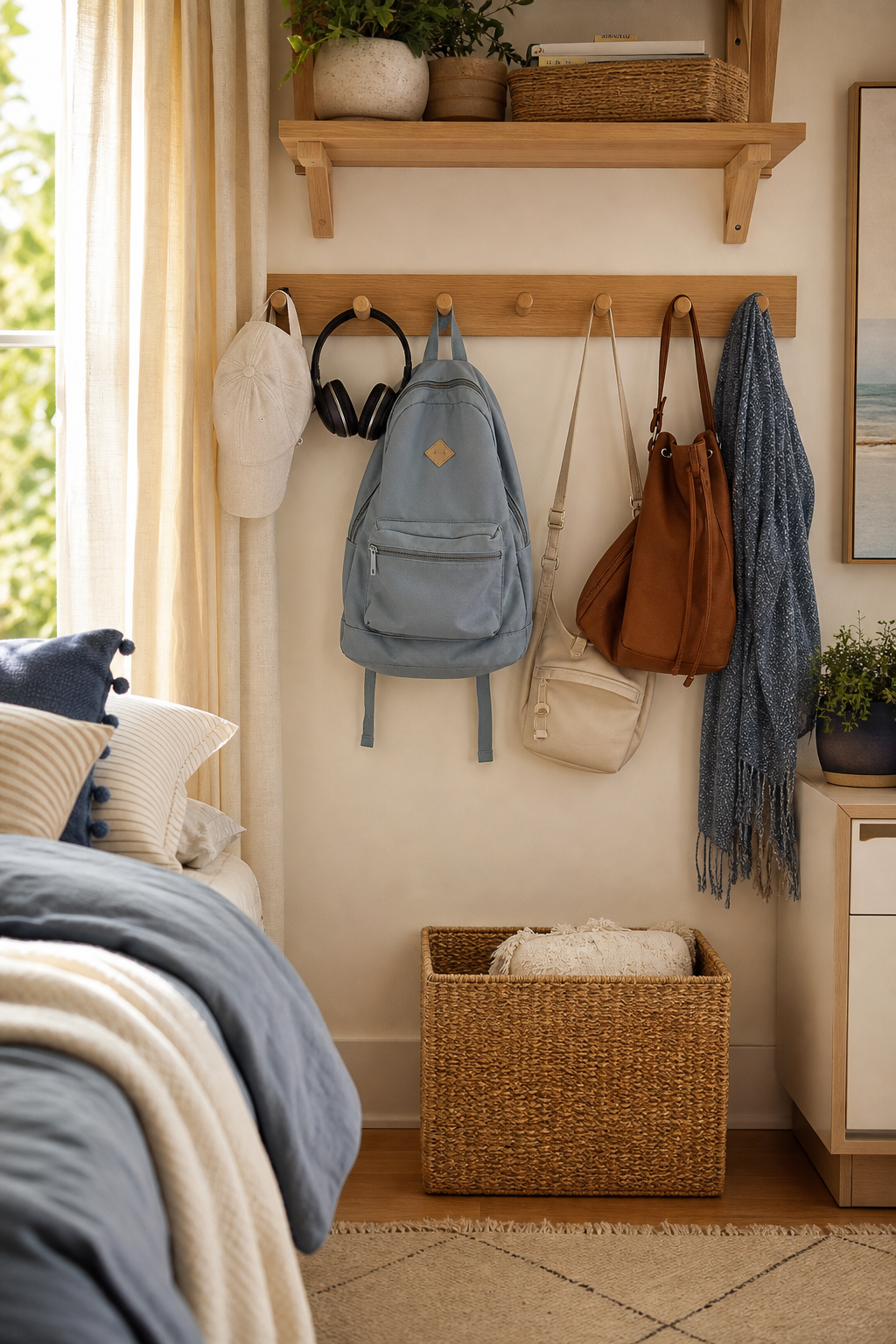 Teen bedroom peg rail for bags and accessories