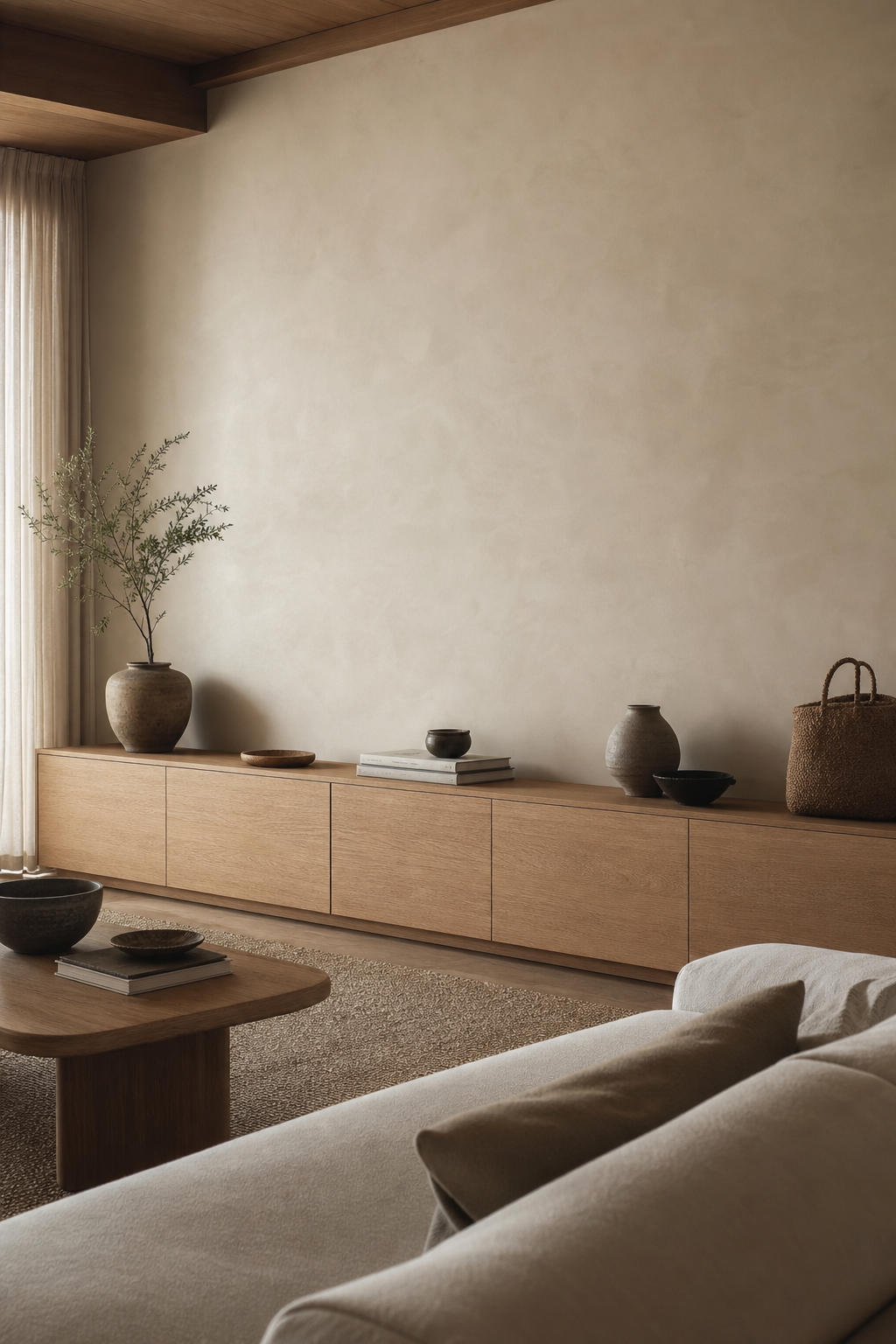 Japandi living room with quiet closed oak storage
