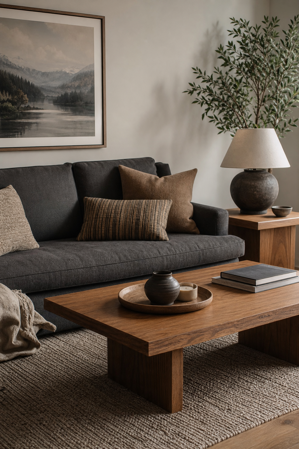 Dark grey couch styling idea with pair it with warm wood tables
