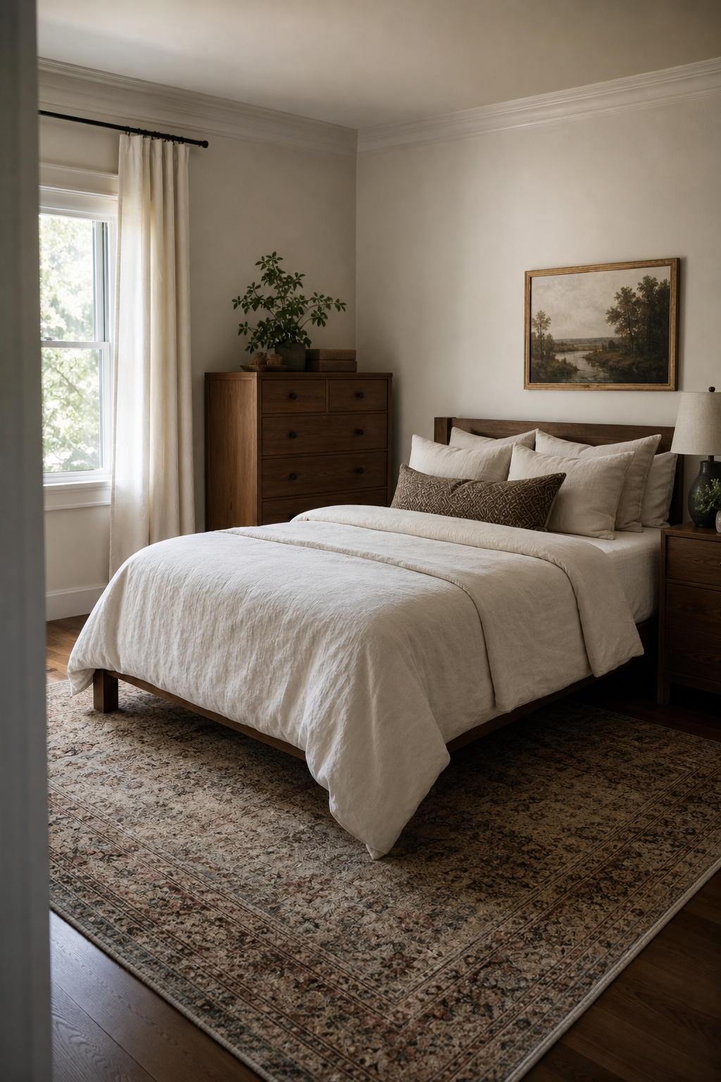 Muted patterned rug grounding a cozy Pinterest inspired bedroom