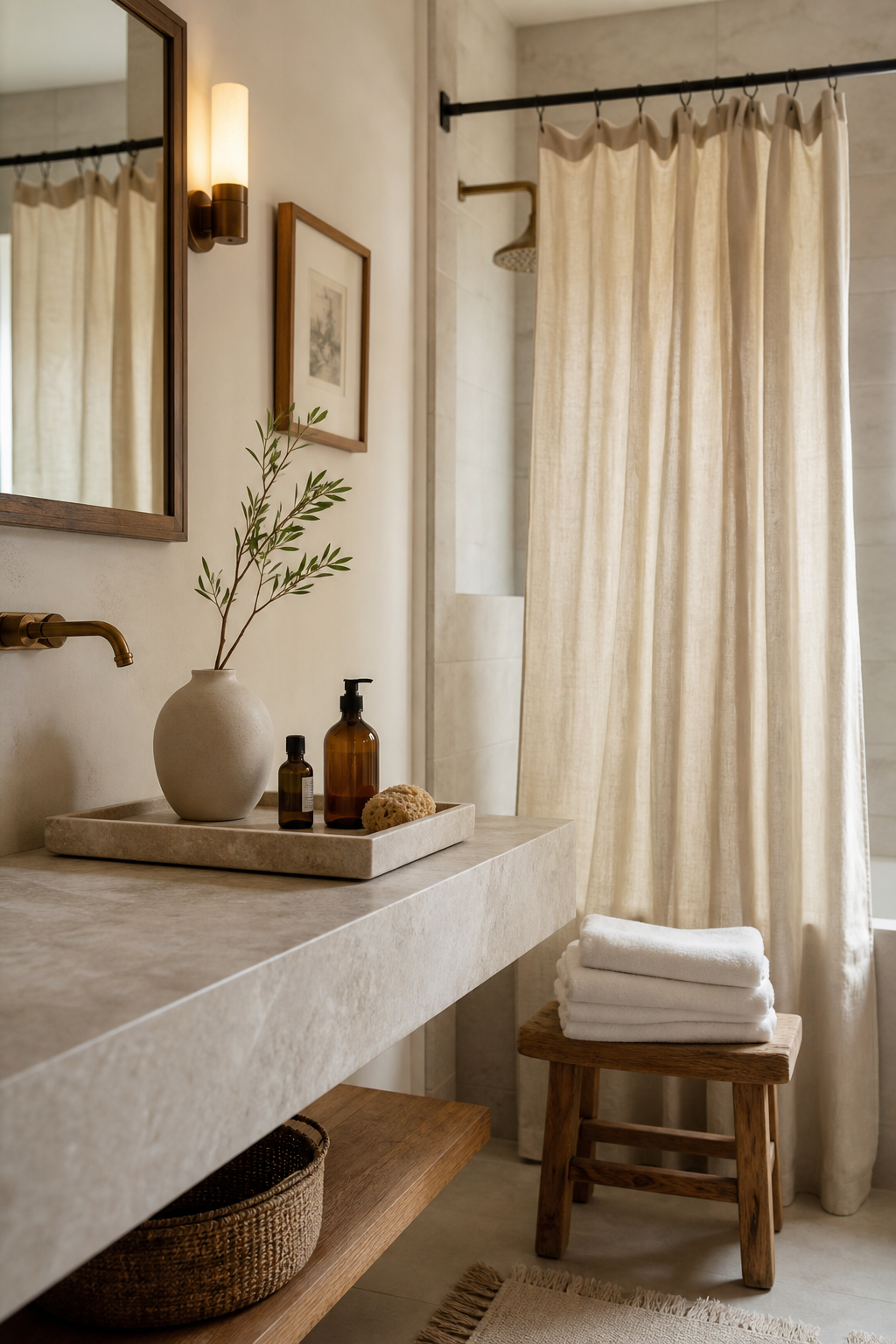 Spa-like bathroom with stone accessories, linen curtain, and folded towels