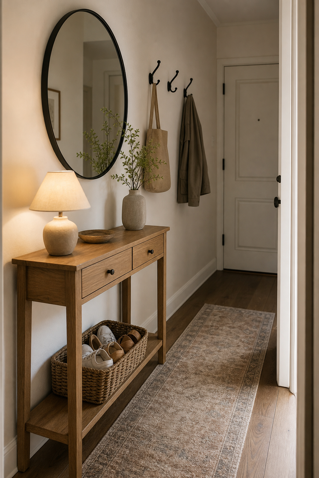 Narrow rental apartment entryway with console mirror hooks and basket