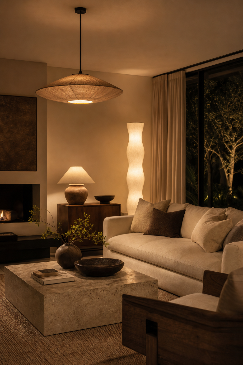 Living room with sculptural floor lamp, ceramic table lamp, soft overhead pendant, cozy evening glow, neutral designer seating