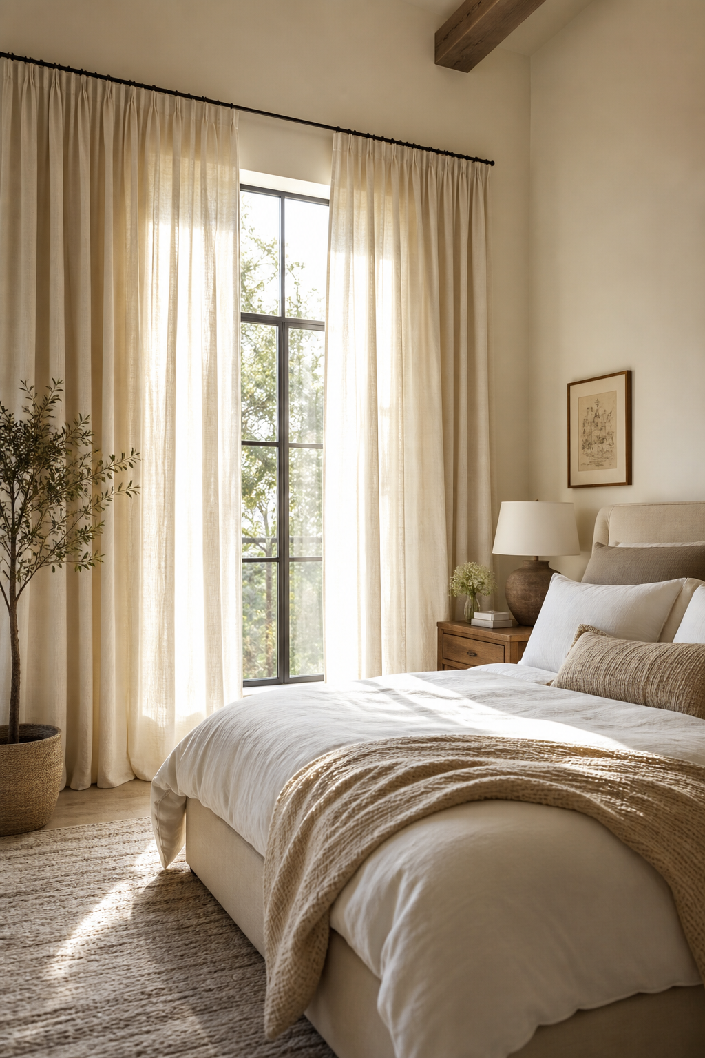 Cozy bedroom with high-hung warm white linen curtains
