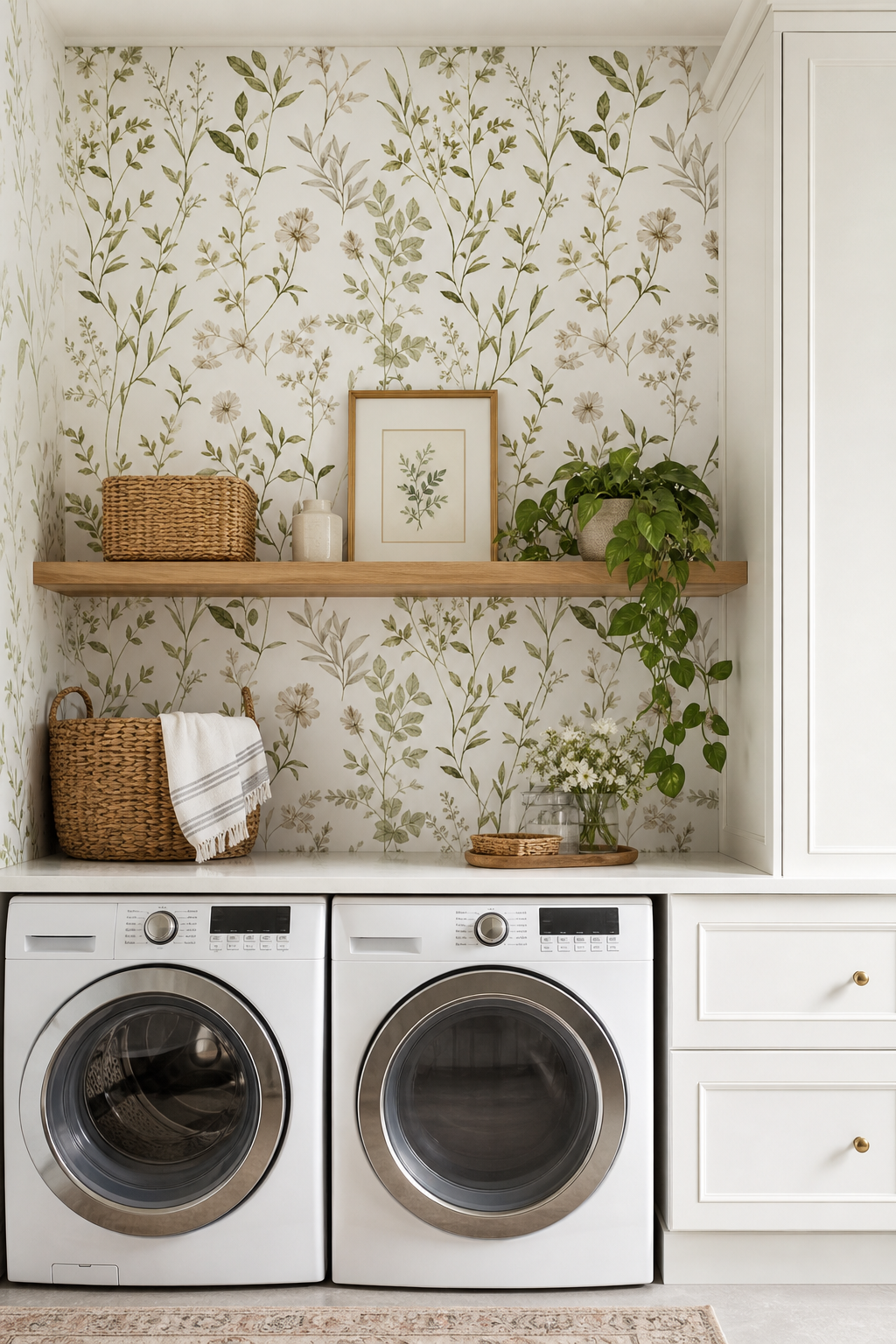 Laundry room with botanical wallpaper accent above appliances