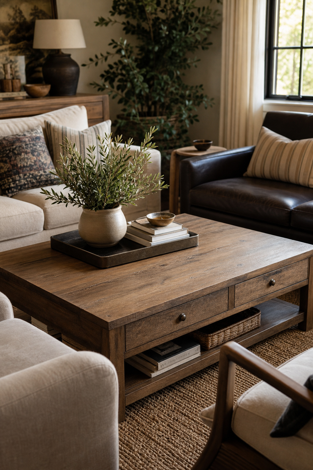 Choose deep coffee table with storage in a cozy designer conversation room