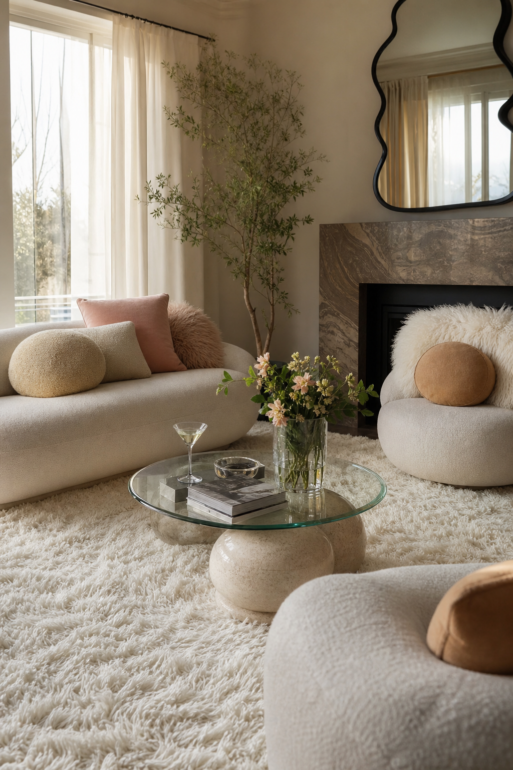 layer a high-pile shag rug in a cozy Y2K living room