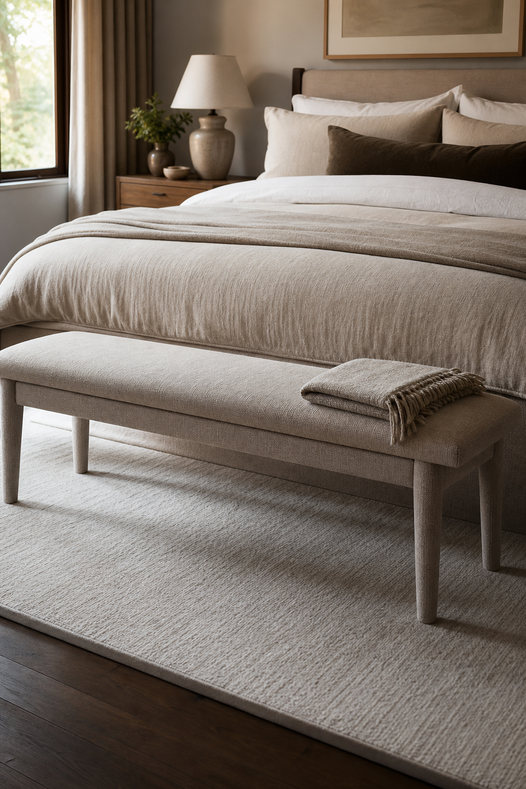 Slim upholstered bench at the foot of a cozy layered bed