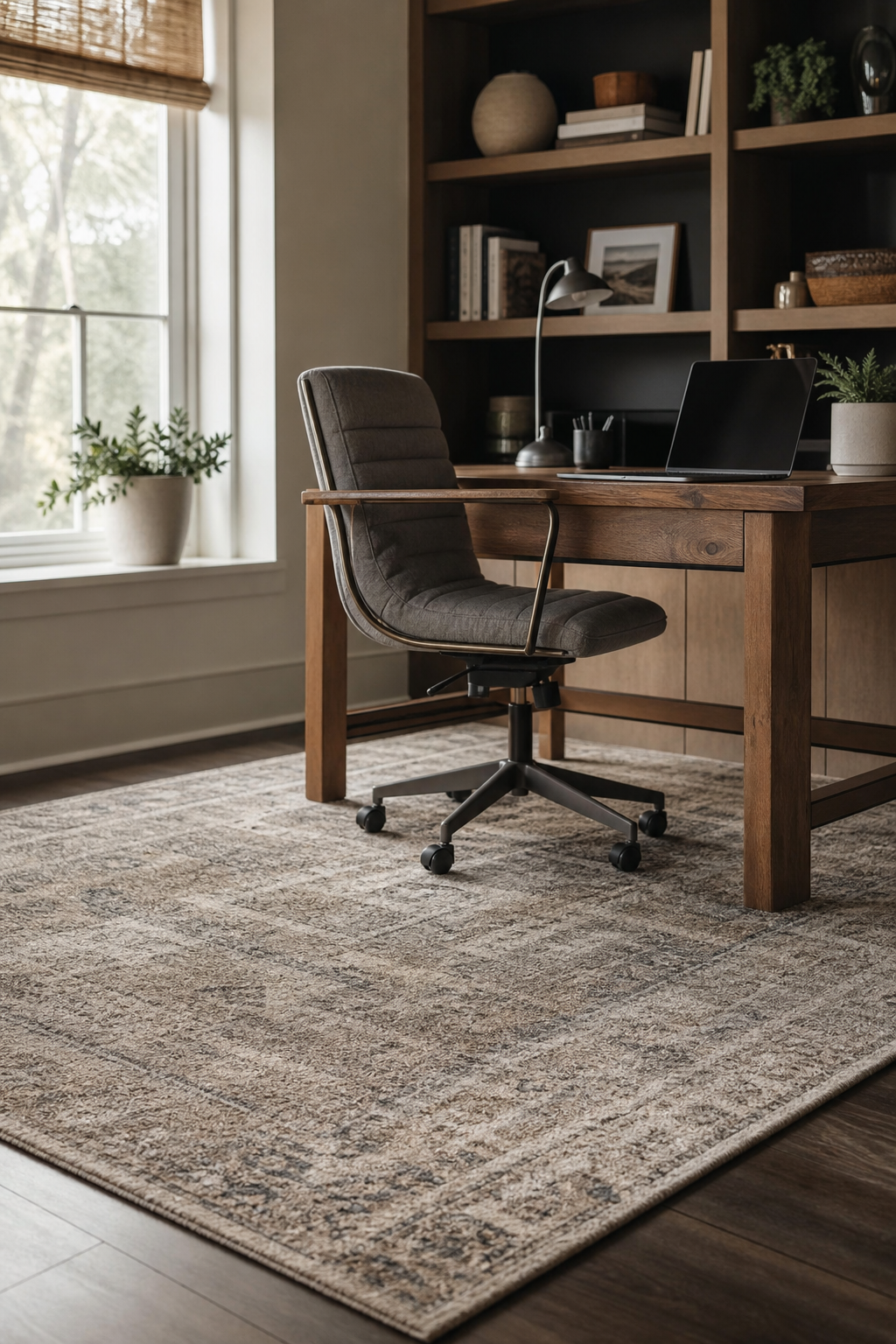 Cozy home office with low-pile patterned rug defining work zone, desk, chair, shelves, warm neutral palette