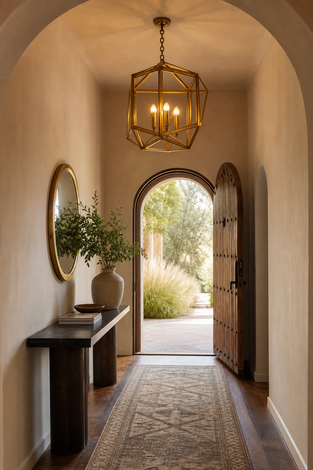 Entryway with brass lantern pendant and console table