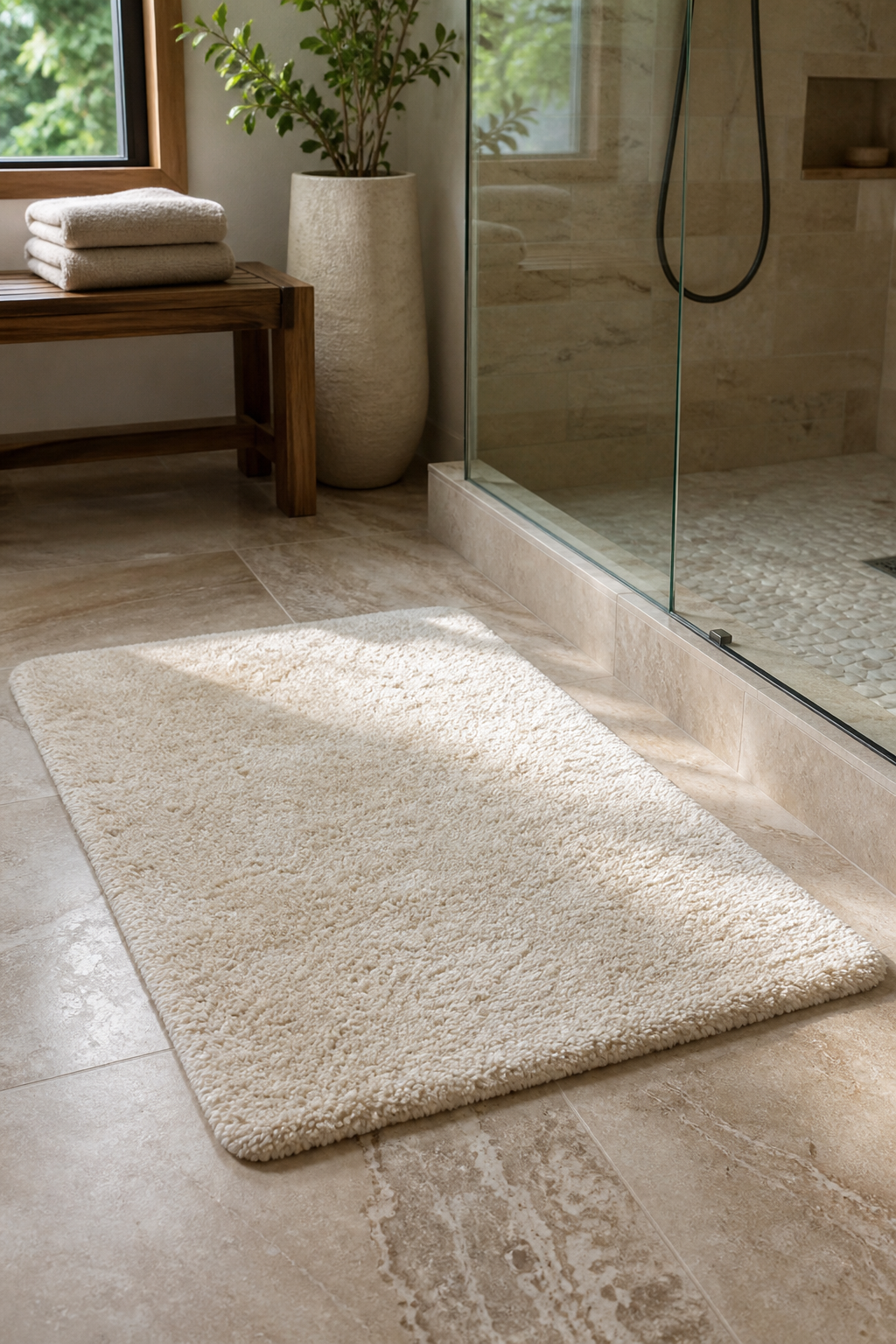 Spa bathroom with plush ivory bath mat and stone tile