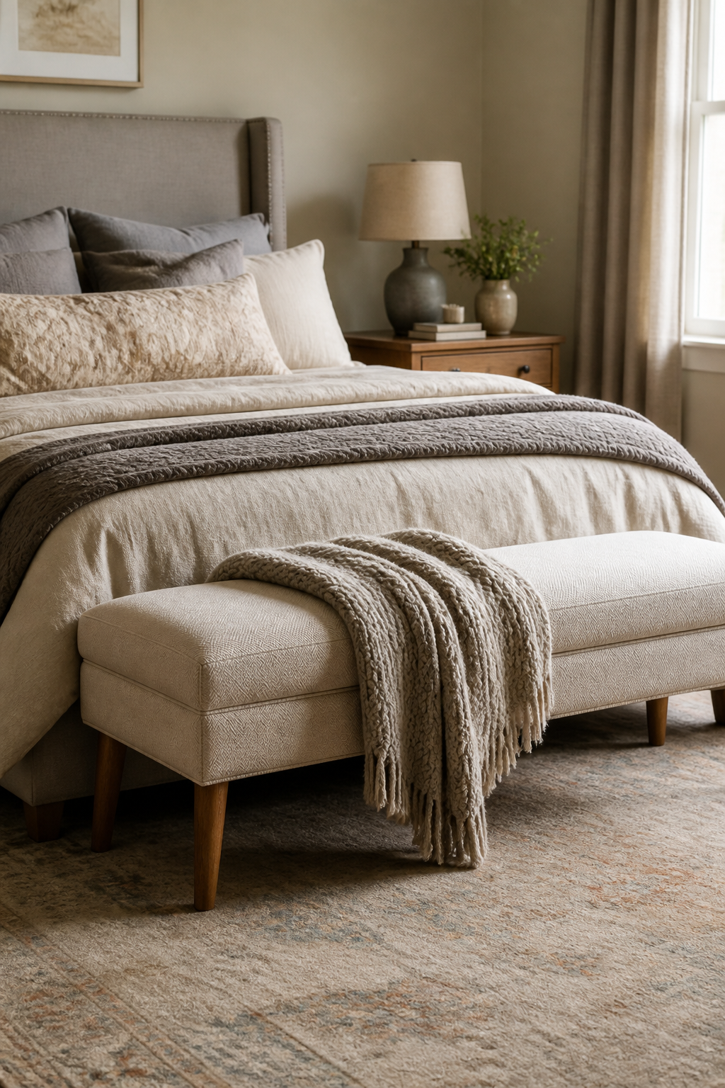 Style A Bench At The Foot Of The Bed in a cozy Pinterest-worthy bedroom