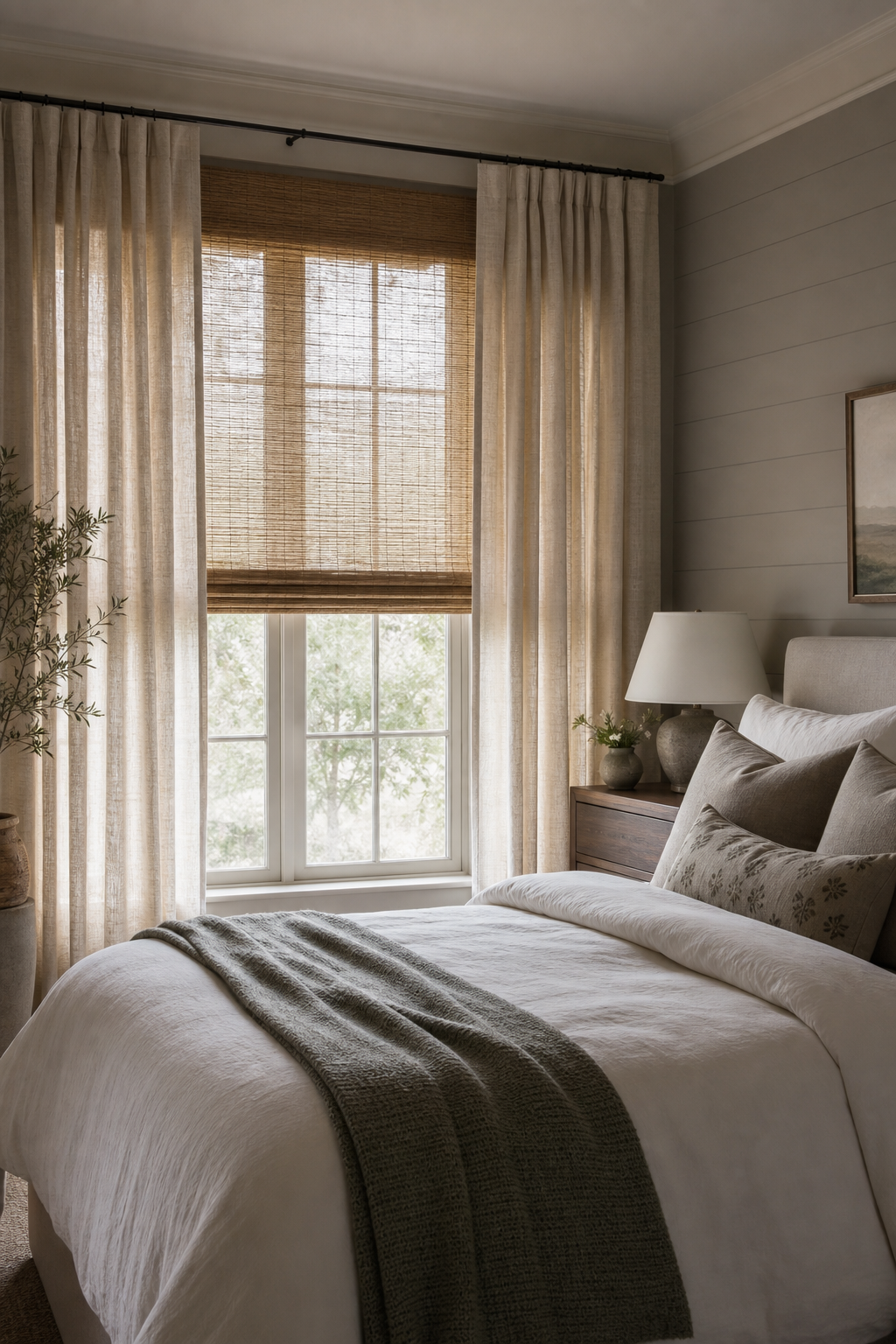 Guest bedroom with layered linen curtains and woven shades, cozy bed, soft filtered daylight, restful palette