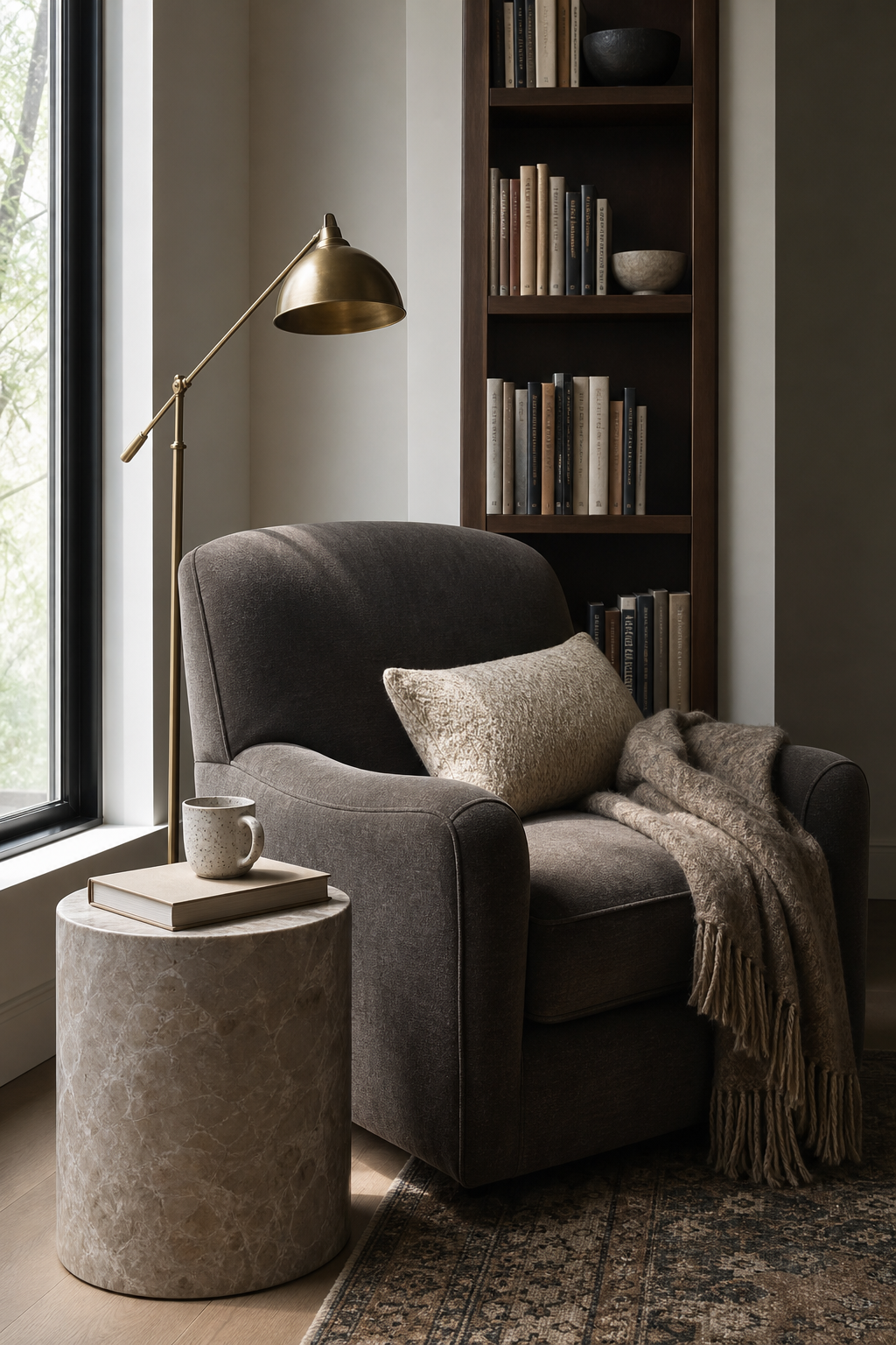 Cozy luxury reading nook with armchair and adjustable lamp