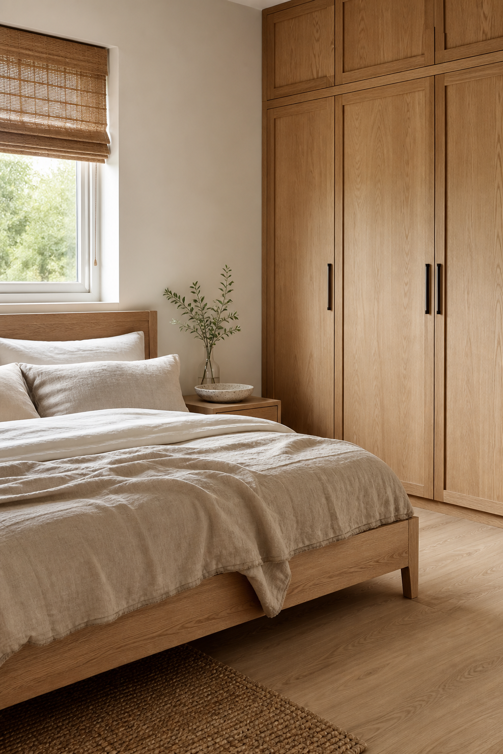 Minimalist bedroom warmed with pale oak wood grain and natural linen textures
