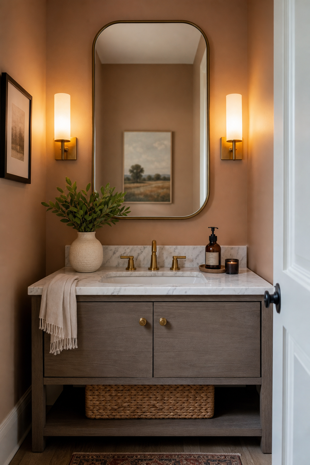 Small powder room with mirror flanked by slim sconces, compact vanity, and warm wall color