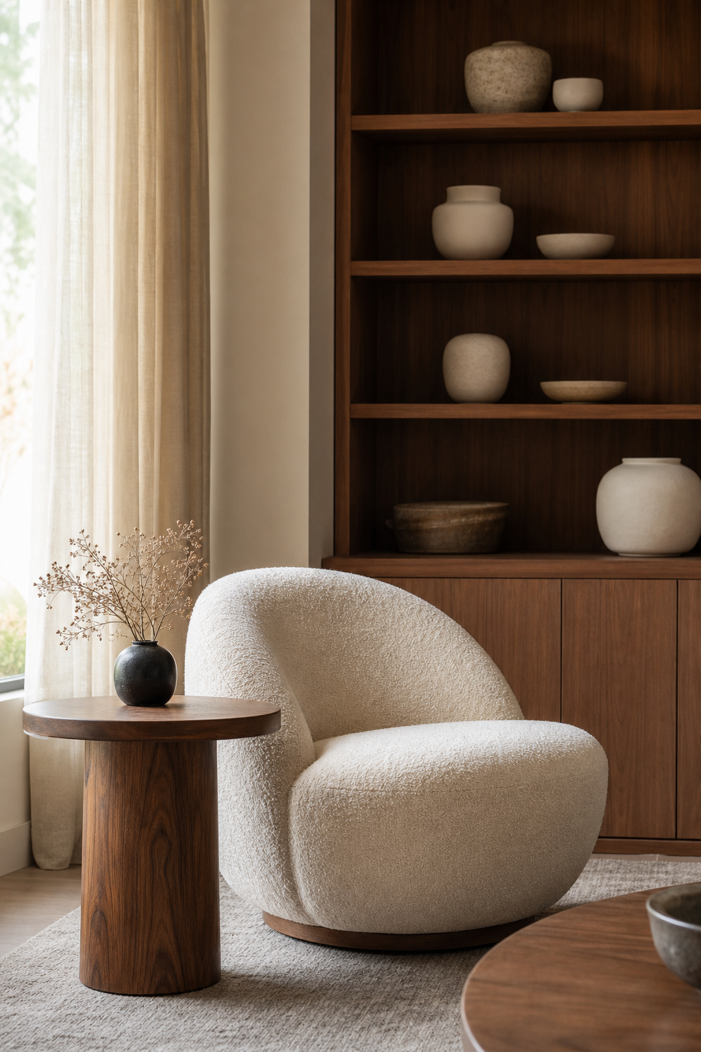 Bring In A Sculptural Accent Chair in a cozy designer living room