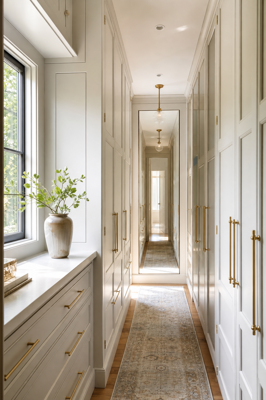 Make A Narrow Closet Feel Airy in a neat stylish walk-in closet