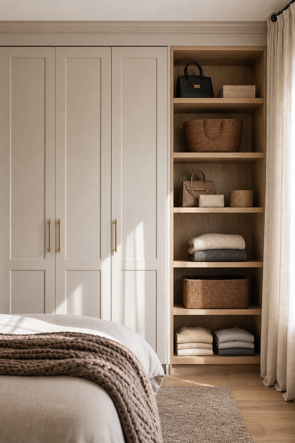 Mix Open Shelves With Closed Storage in a stylish wall closet design