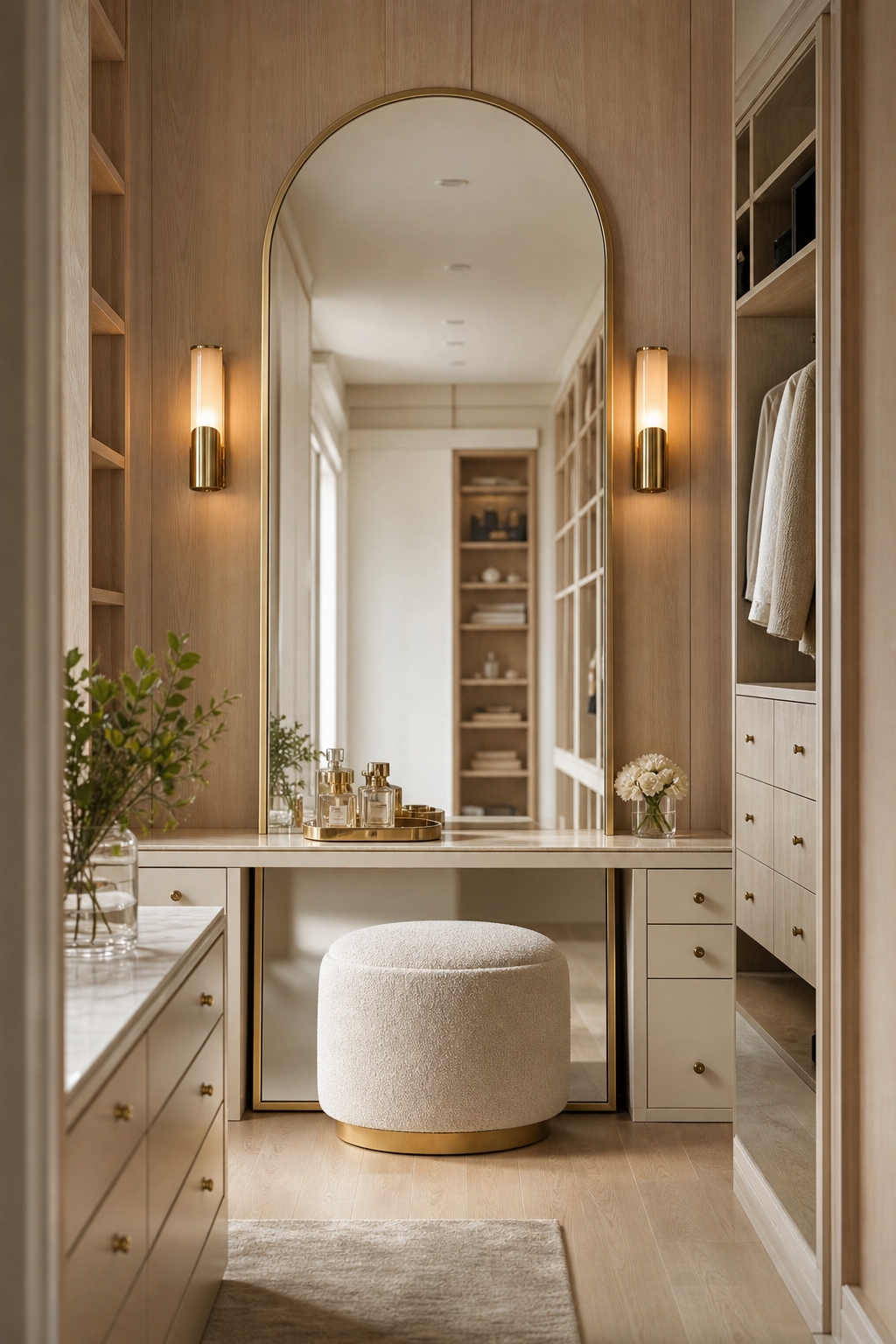 Dressing closet idea with frame the vanity with a tall mirror