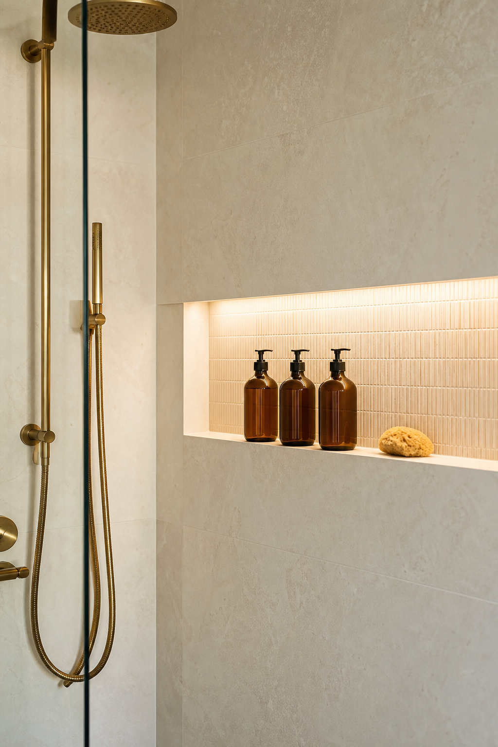 Hide Clutter In A Long Shower Niche