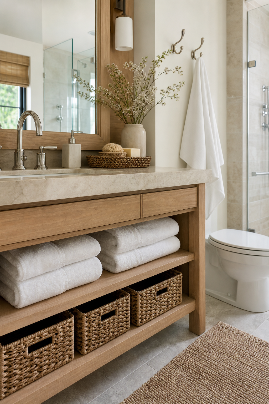 Create open towel storage in a spa-like guest bathroom