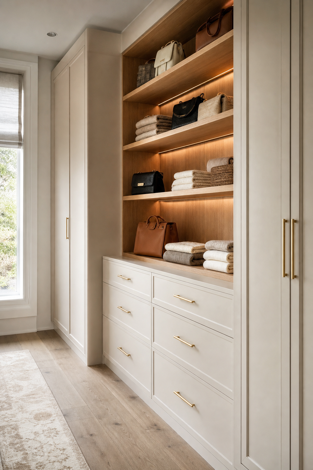 Luxury closet with mixed open shelves, closed drawers, tall wardrobe doors, and brass hardware