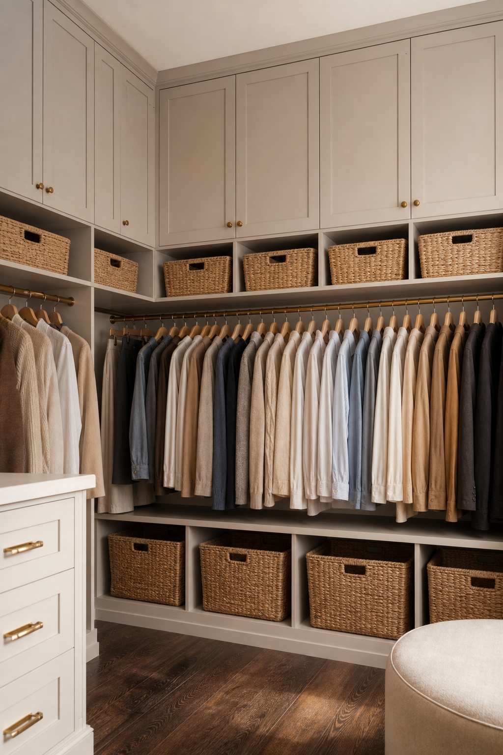 Hide Seasonal Storage Up High in a neat stylish closet room