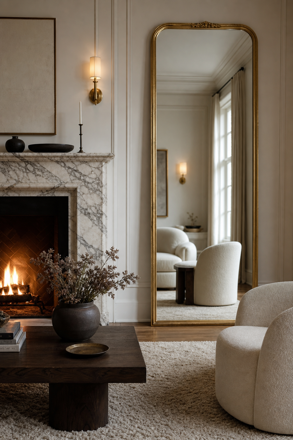 Brass standing mirror styled beside a marble fireplace