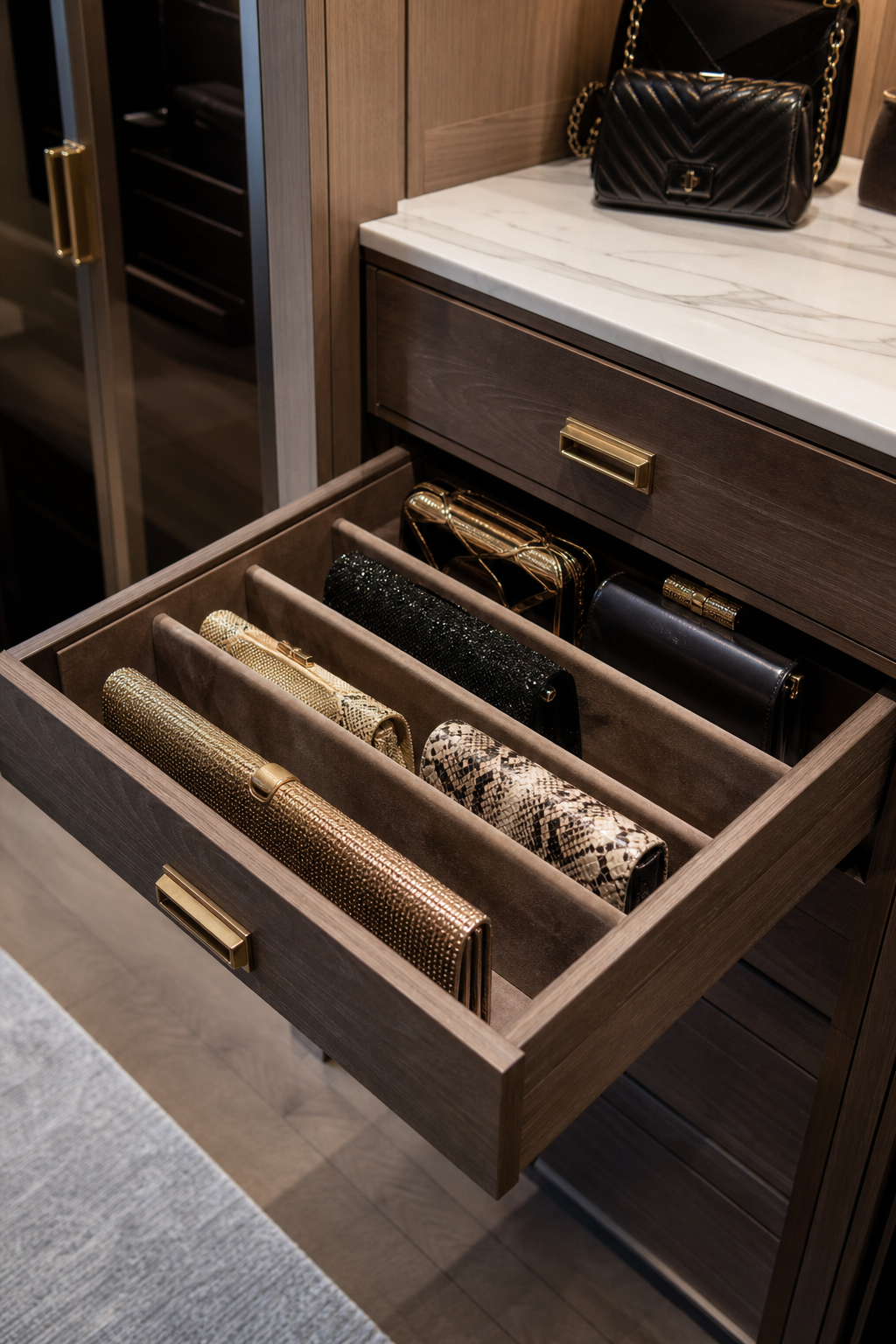 Add A Slim Clutch Drawer in a neat stylish handbag closet