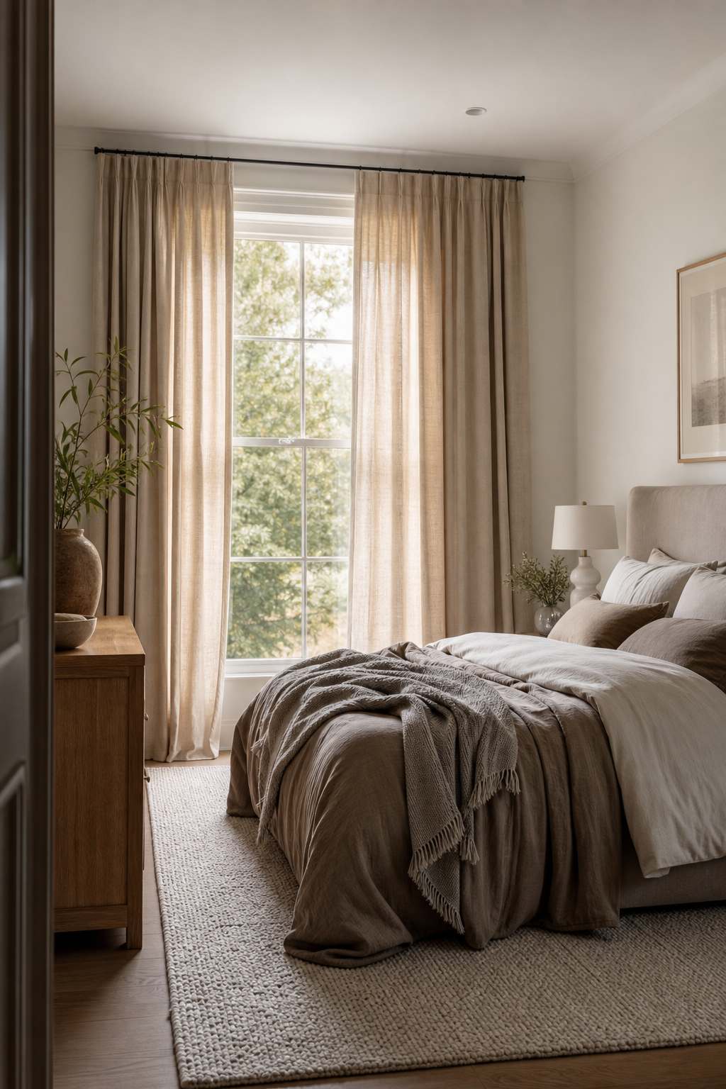 Cozy bedroom with full-length linen curtains, upholstered bed, and soft neutral decor