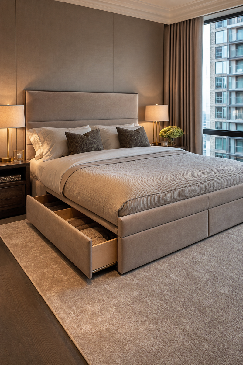 Elegant upholstered storage bed with discreet drawers