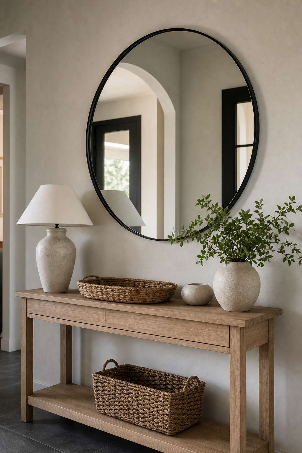 Large round mirror wall hanging above entry console