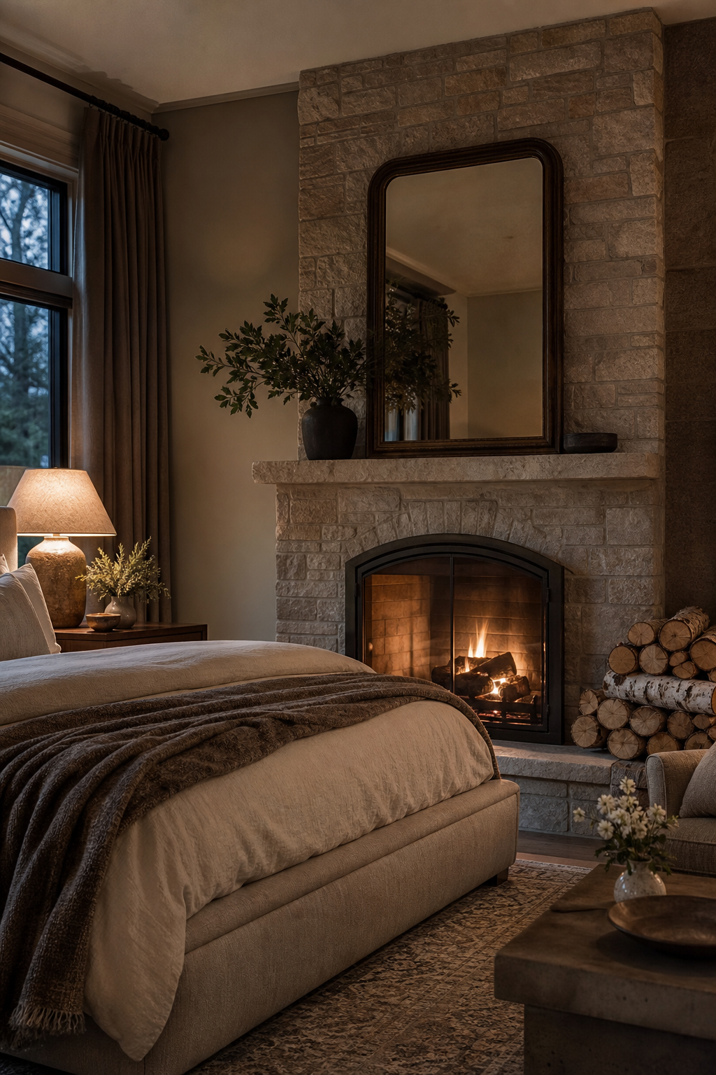 Warm bedroom retreat with fireplace, linen bedding, and soft evening glow