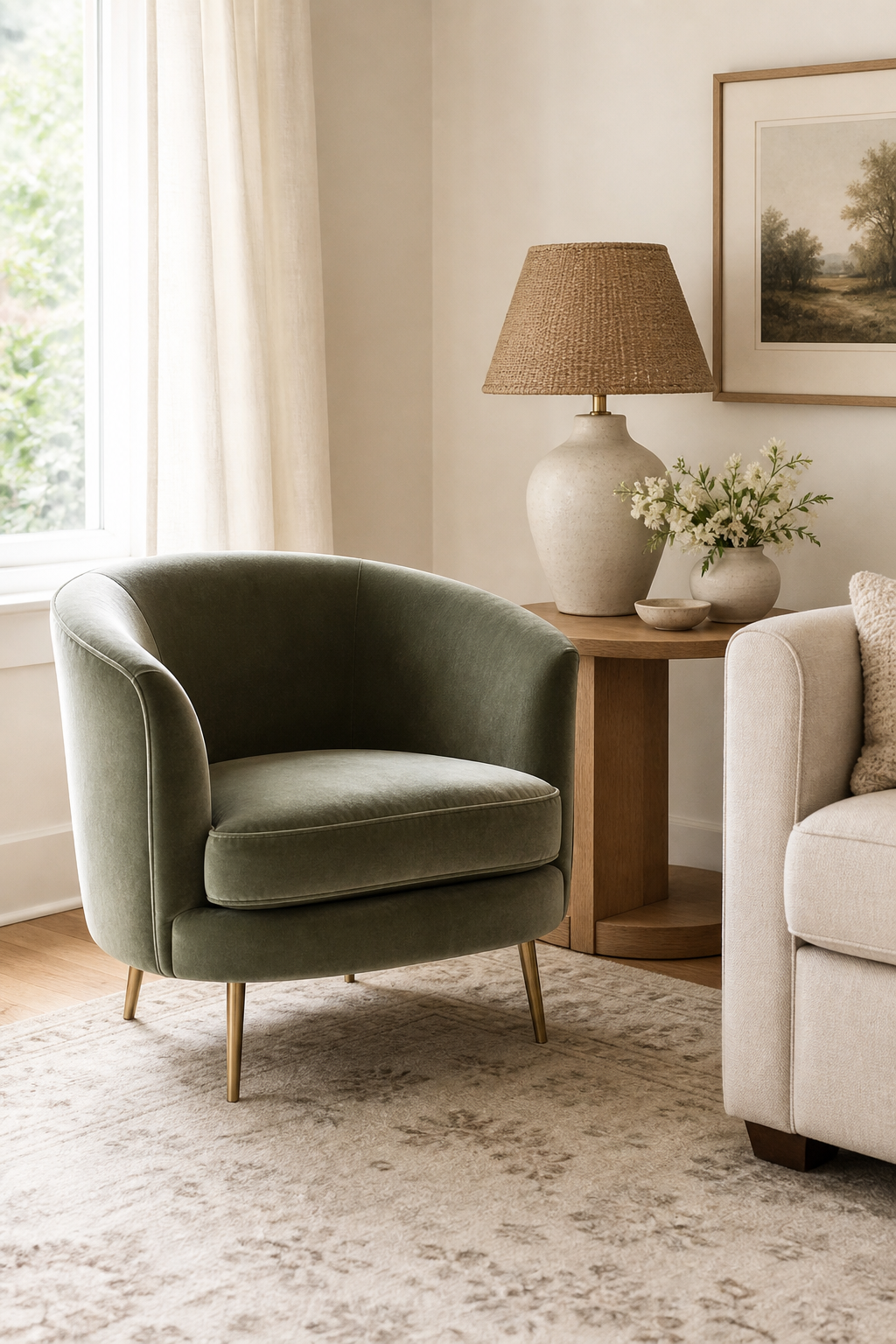 Aesthetic living room corner with sage green accent chair