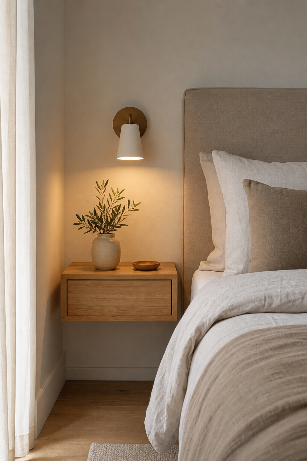 Tiny bedroom with floating nightstand and wall sconce