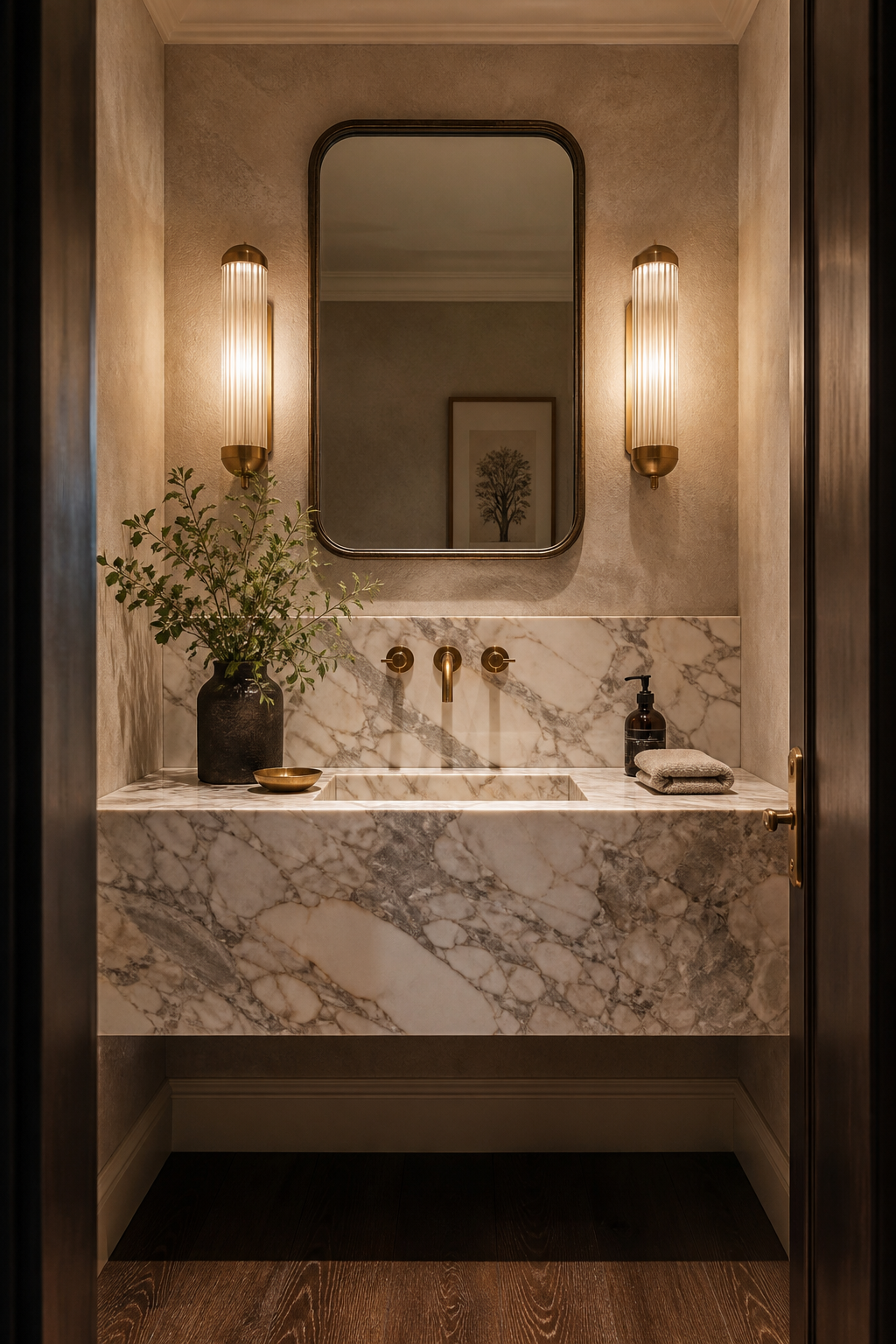 Luxury powder room with honed marble vanity, brass fixtures, and taupe plaster walls