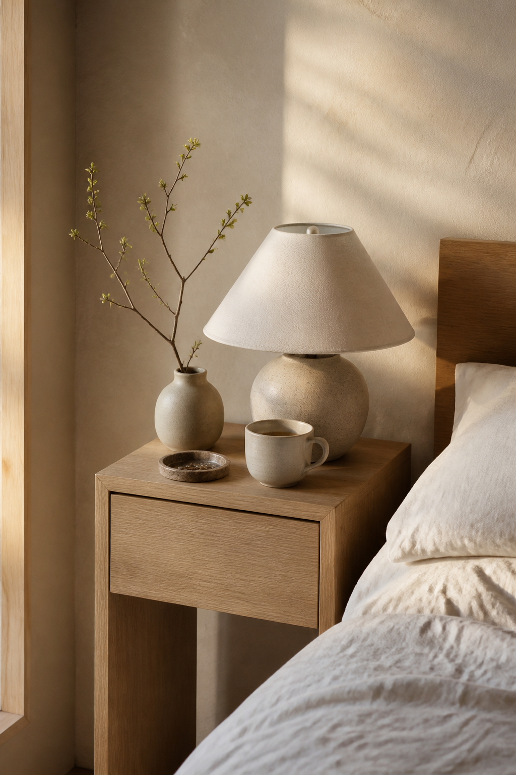 Slim pale oak nightstand styled with a linen lamp, stone tray, ceramic cup, and minimal bedside essentials