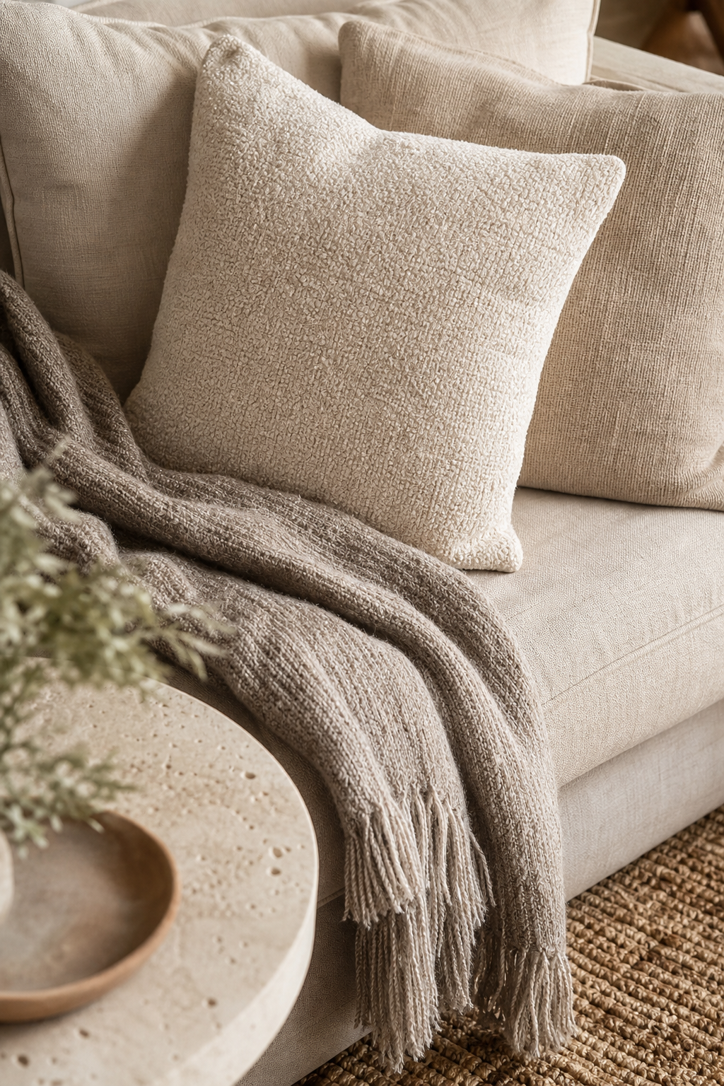 Layered textiles with linen boucle wool and jute textures