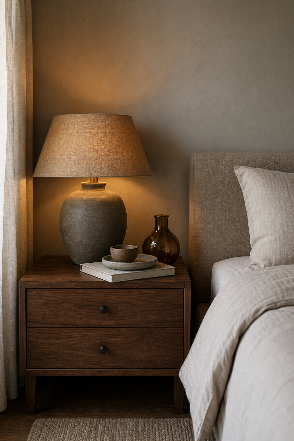 Walnut nightstand with ceramic lamp, stone tray, clay bowl, and linen bed