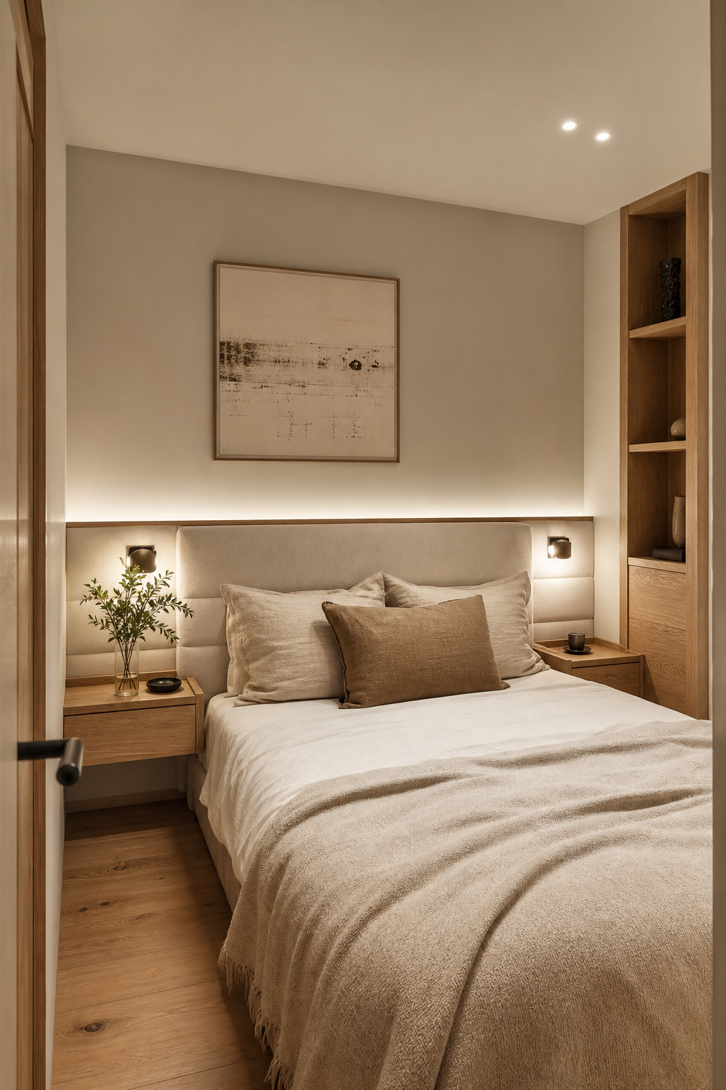 Small luxury bedroom with built-in headboard wall, wall-mounted nightstands, slim sconces, and light oak finishes