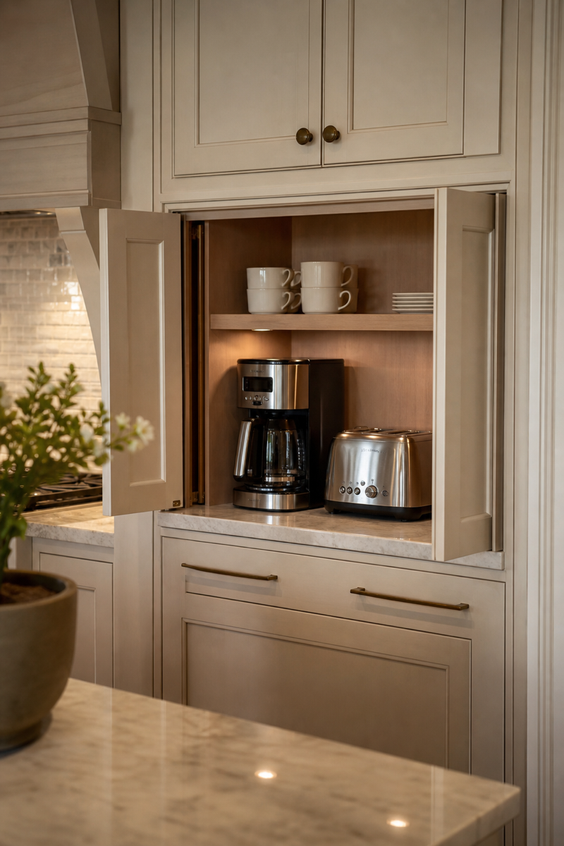 Warm kitchen with hidden small appliances inside an appliance garage