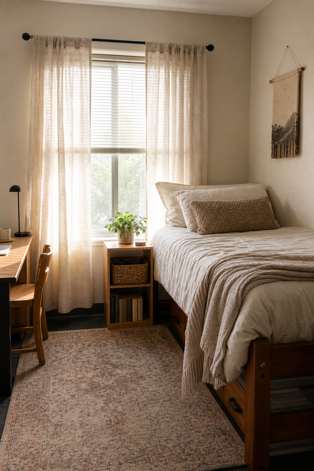Dorm room window softened with oatmeal curtains beside a cozy bed