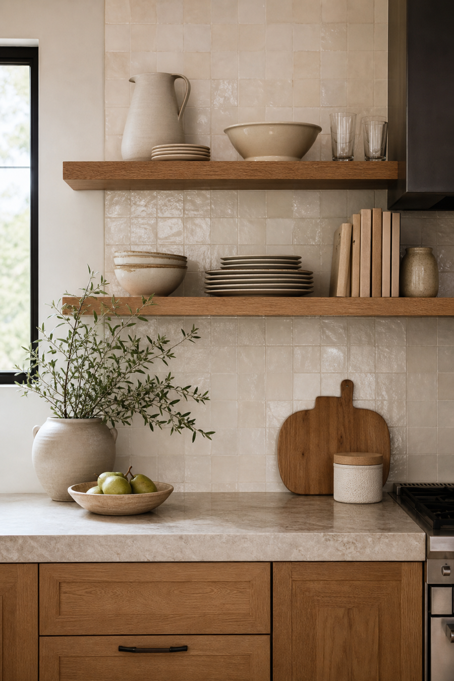 Warm neutral kitchen open shelves styled with useful ceramics