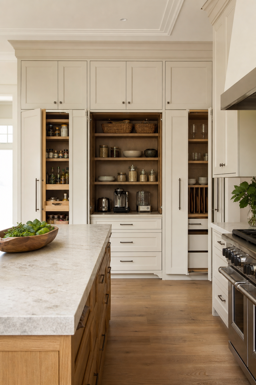 Open kitchen with back pantry wall and hidden appliance storage
