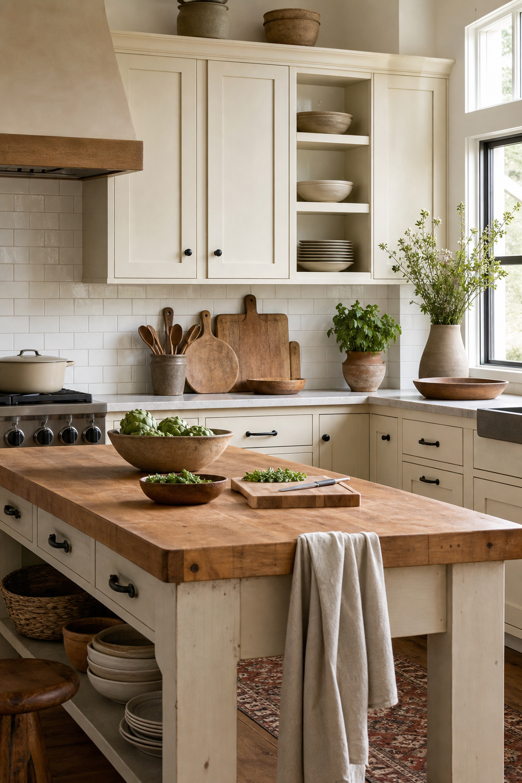 Cozy kitchen with butcher block island, cream cabinets, and linen towels