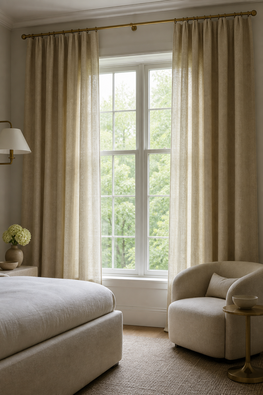 Floor-length linen drapery softening a dream room