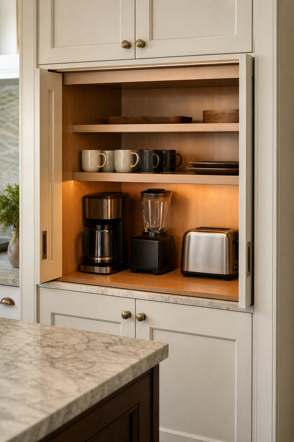 Simple kitchen appliance garage with pocket doors hiding toaster blender coffee maker and mugs