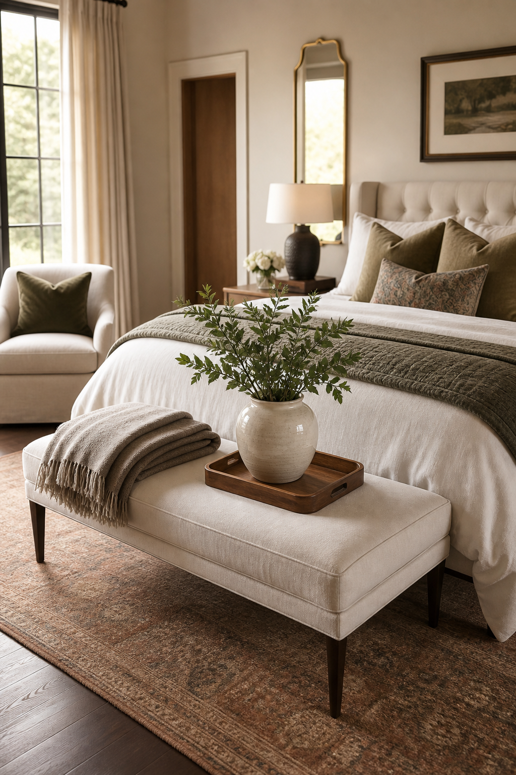 Upholstered bedroom bench styled with a folded throw and tray